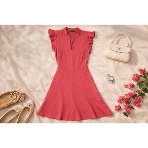 Pink Cotton Skater A-Line Dress Ruffle Sleeve Fit Flare Vacation Mini Womens M